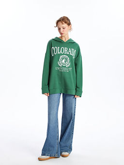 Kap??onlu Bask?l? Oversize Kad?n Kal?n Sweatshirt Tunik