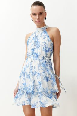 Beyaz Cicek Desenli A-Kesim Boho Kat Kat Astarl? Sifon Ucus Ucus Dokuma Mini Elbise TWOSS23EL02056