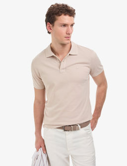 Koyu Bej Slim Fit %100 Pamuk D__meli Polo Yaka Basic Ti__rt