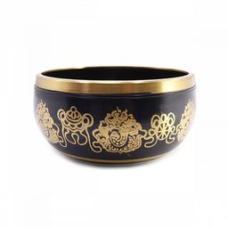 Чаша поющая с золотыми символами Лев 5 металлов от 600гр до 800гр h-7см d-12см черные и коричневые