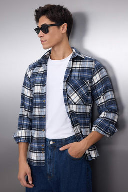 TRENDYOL MAN Mavi Slim Fit K?sl?k Kareli Ekose Oduncu Gomlek TMNAW22GO0090 - Trendyolmilla фото 2