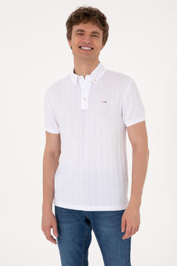 Erkek Slim Fit Polo Yaka Beyaz Dokulu Ti__rt Sepette S_rpriz _ndirim