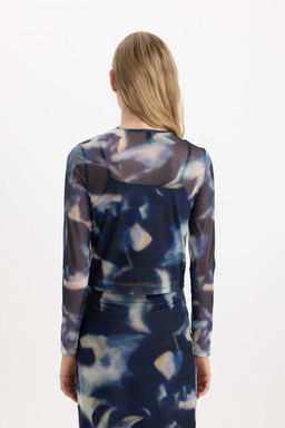 Облегающая футболка из тюля с круглым вырезом и длинными рукавами с рисунком - Defacto фото 6