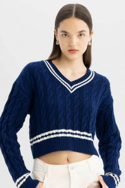 Coool Regular Fit V Yaka Sac Orgulu Cizgi Triko Kazak