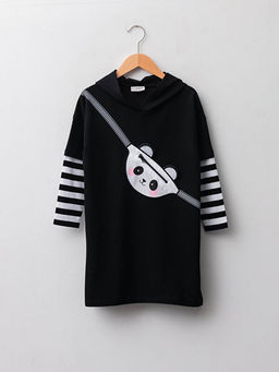 Kap??onlu Bask?l? Uzun Kollu K?z ?ocuk Elbise