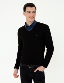 Siyah Slim Fit V Yaka Basic Triko Kazak - Pierre cardin фото 3