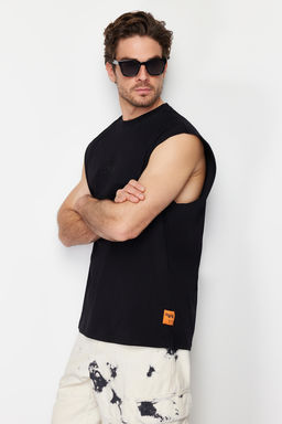 Siyah Oversize/Genis Kesim Kabar?k Yaz? Bask?l? Etiketli T-Shirt/Atlet TMNSS24AL00005