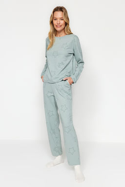Trendyolmilla Mint %100 Pamuklu Y?ld?zl? Orme Pijama Tak?m? THMAW24PT00234