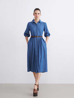 G?mlek Yaka Balon Kollu Kemerli Jean Elbise