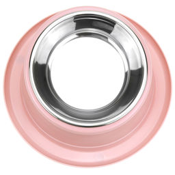 Миска для кормления животных из нержавеющей стали Шляпа 0,4л, д14см h3,4см, пластмассовая подставка д22х8-6см, скошенная, цвета микс (Китай) - Pet toys фото 3