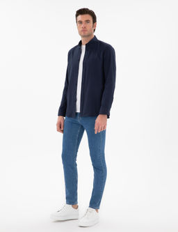 Lacivert Regular Fit D__meli Yaka Pamuklu G_mlek
