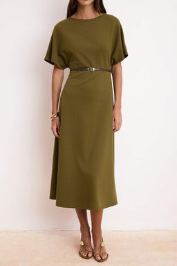 Haki A-Kesim/Can Form Kay?k Yaka K?sa Kollu Kemerli Midi Interlok Orme Elbise TWOSS26EL00107