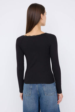 Teen Siyah Havuz Yaka Dugmeli Dantel Detayl? Vucuda Oturan Esnek Orme Bluz TWOAW26BZ00106 - Trendyolmilla фото 12