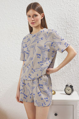 Trendyolmilla Bej-Cok Renkli Cicekli Waffle Kumas Sortlu Orme Pijama Tak?m? THMSS25PT00363  фото 2