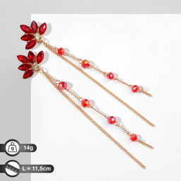 Серьги висячие со стразами Рассвет цветочный, цвет красный в золоте, 11,5см