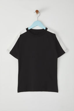 Siyah %100 Pamuk Renk Bloklu Regular/Normal Kal?p K?sa Kol Orme T-Shirt TKDSS25TS00065