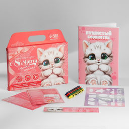 Подарочный набор блокнот-раскраска, трафарет, наклейки и восковые мелки Самая милая, с 8 марта