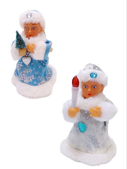 Снегурочка 18см музыкальная, в красной/белой/голубой/синей расшитой шубке и шапочке, со свечой/елочкой, в пакете