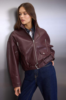 Kahverengi Oversize Kal?p Suni Deri Bomber Ince Ceket Mont TWOAW26MO00053 - Trendyolmilla фото 5