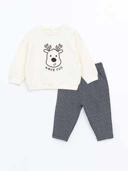 Bisiklet Yaka Bask?l? Erkek Bebek Sweatshirt ve E?ofman Alt 2li
