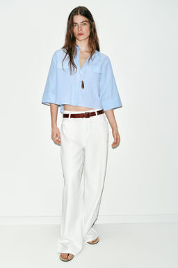 CAMISA CORTA TAPETAS RAYAS / Blanco / Celeste