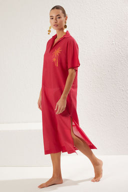 Trendyolmilla Fusya Maxi Dokuma %100 Pamuk Nak?sl? Plaj Elbisesi TBESS25EL00026  фото 3