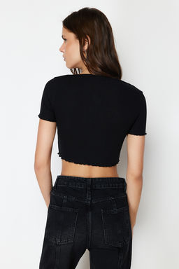 Siyah Havuz Yaka Baby Overlok Detayl? Crop Fitilli Esnek Orme Bluz TWOSS24BZ00197 - Trendyolmilla фото 5