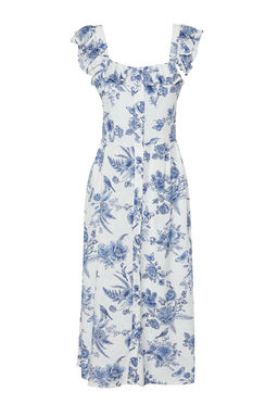 Mavi Cicek Desenli Kare Yaka Viskon Midi Dokuma Elbise TWOSS24EL00309 - Trendyolmilla фото 7