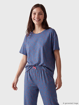 Bisiklet Yaka Bask?l? Kad?n Kaprili Pijama Tak?m?