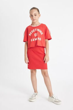 K?z Cocuk Fitilli Kaskorse Elbise Bask?l? Tisort 2li Tak?m