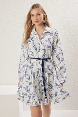 TRENDYOLMILLA Ekru Cicekli Etegi Belden Ac?lan Mini %100 Pamuk Dokuma Elbise TWOSS25EL00197