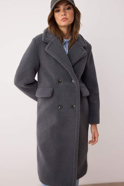 Antrasit Kurklu Kruvaze Regular Uzun Pelus Kaban TWOAW26KB00020