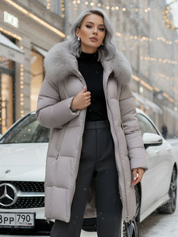 Пальто зимнее утепленное с мехом и капюшоном тренд светло-коричневого цвета 7630SK - Visdeer фото 18