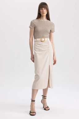 Юбка-миди прямого кроя с нормальной талией и разрезом из смесового льна