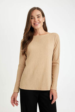 Женская футболка стандартного кроя с вырезом лодочка и запахом, длинными рукавами - Defacto фото 3