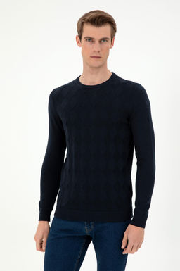 Erkek Slim Fit Bisiklet Yaka Lacivert Kazak