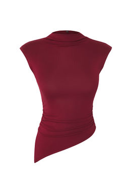 Bordo Dik Yaka Buzgu/Drape Detayl? Fitted/Vucuda Oturan Asimetrik Orme Bluz TWOSS24BZ00534