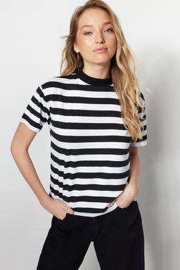 Beyaz-Siyah Beyaz Cizgili 2li Paket Basic Dik Yaka Orme T-Shirt TWOSS20TS1500