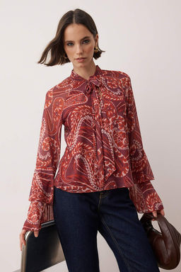 Sal Desenli F?rf?rl? Fular Detayl? Tul Esnek Regular Orme Bluz TWOAW26BZ00321 - Trendyolmilla фото 2