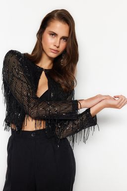 TRENDYOLMILLA Siyah Astarl? Par?lt?l? Payet Ceket TPRSS23CE00017
