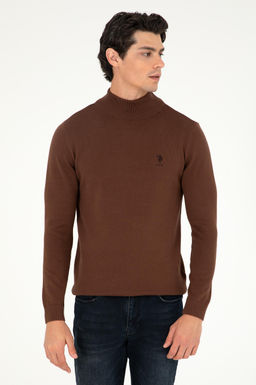Erkek Slim Fit Yar_m Bo_azl_ Kahverengi Basic Kazak
