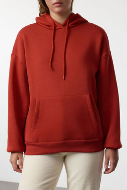 Kiremit Kal?n Ici Polarl? Oversize/Genis Kal?p Kapusonlu Basic Orme Sweatshirt TWOAW24SW00103