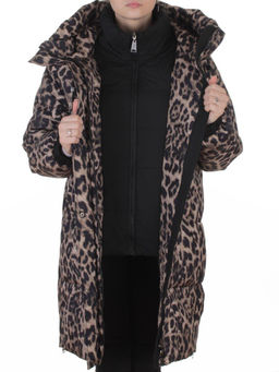 8892 BROWN/LEOPARD Куртка зимняя женская оверсайз с вшитой жилеткой (200 гр. холлофайбер)