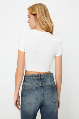 Premium Ekru-K?rm?z? Ekru Cizgili 2li Paket Viskoz Crop Esnek Orme Bluz TWOSS23BZ00194