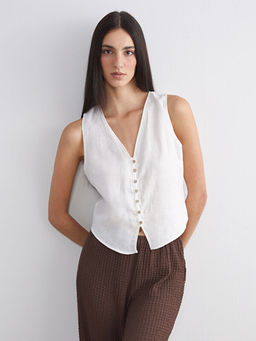 V Yaka %100 Keten Kad?n Klasik Yelek