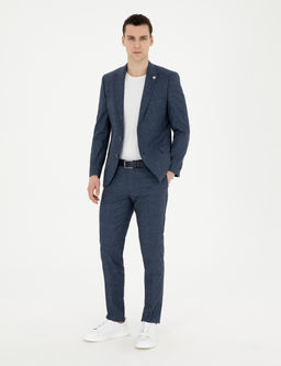 Lacivert Extra Slim Fit Y_n Keten Kar___ml_ Tak_m Elbise