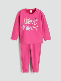 Bask?l? K?z Bebek Sweatshirt ve E?ofman Alt 2li