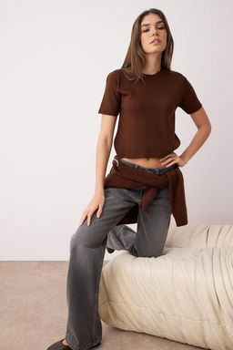 Kahverengi Mucevherli Yumusak Dokulu Ikili Triko H?rka-Bluz TWOAW26HI00007