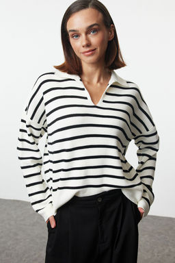 Ekru Genis Kal?p Polo Yaka Cizgili Triko Kazak TWOAW25KZ00341 - Trendyolmilla фото 2