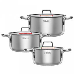 Набор кастрюль из нержавеющей стали Tendency 3 штуки: 2л - д18см, h8,8см, 2,8л - д20см, h9,8см, 5л, д24см, h11,8см, s0,6мм, дно s2,8мм, плоская стеклянная жаропрочная крышка, пароотвод, стальной обод, капсулированное дно, прутковые ручки из нержаве - Домашняя мода фото 2